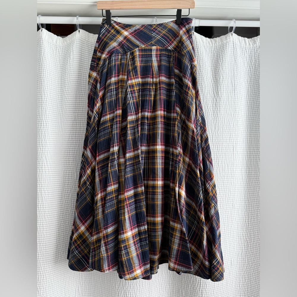 Anthropologie Blue and Red Pleated Midi Skirt
